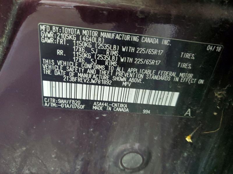 Продаж на аукціоні авто 2018 Toyota Rav4, vin: 2T3BFREV2JW781892, номер лоту: 54970506