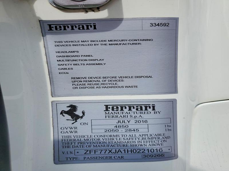 2017 Ferrari California T მანქანა იყიდება აუქციონზე, vin: ZFF77XJA1H0221016, აუქციონის ნომერი: 52056646