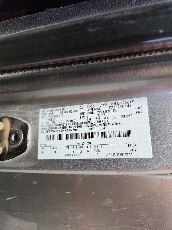 52360396 :رقم المزاد ، 1FTFW1E86NKE87794 vin ، 2022 Ford F150 مزاد بيع