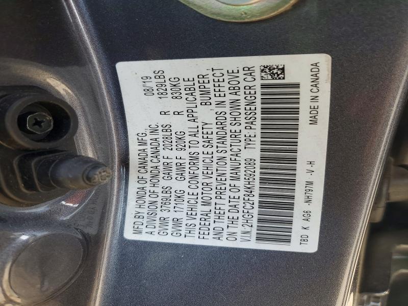 52328496 :رقم المزاد ، 2HGFC2F84KH592089 vin ، 2019 Honda Civic مزاد بيع
