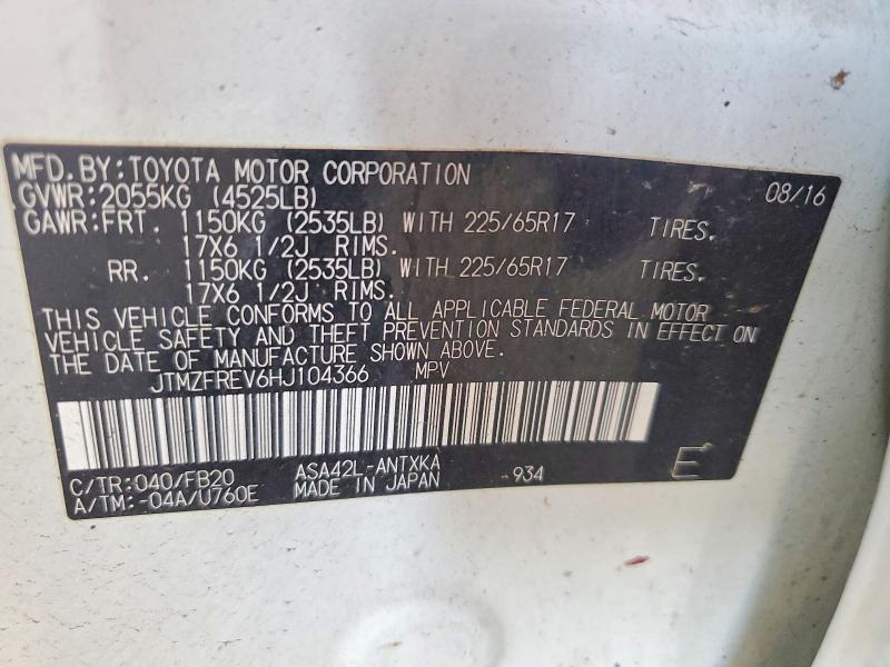 Aukcja sprzedaży 2017 Toyota Rav4, vin: JTMZFREV6HJ104366, numer aukcji: 54144456