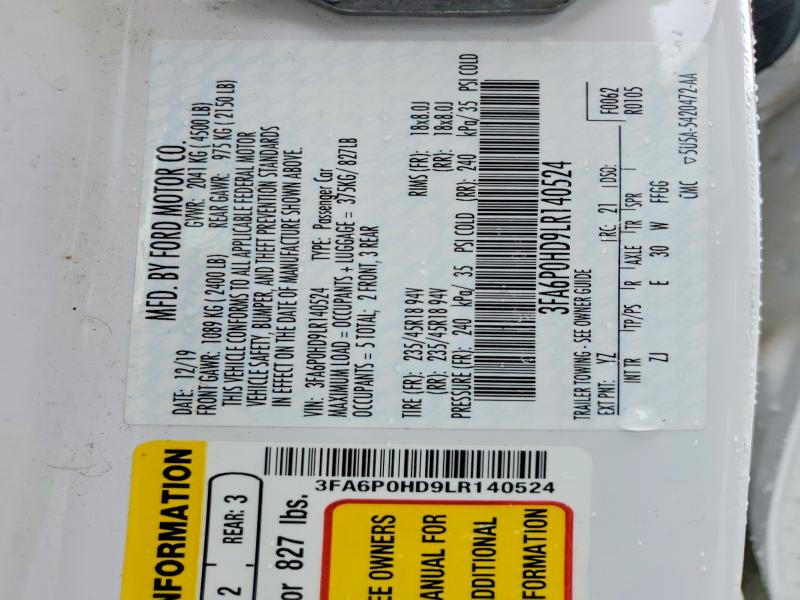Продаж на аукціоні авто 2020 Ford Fusion, vin: 3FA6P0HD9LR140524, номер лоту: 54870916