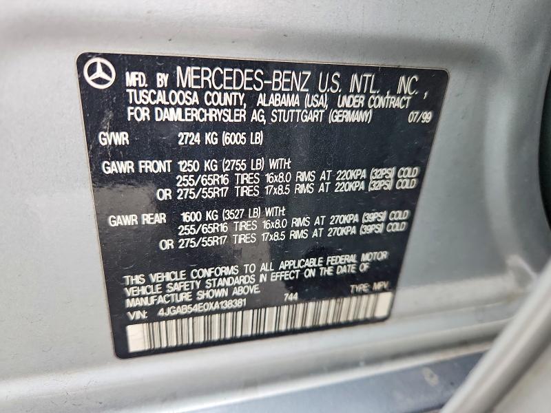 53825776 :رقم المزاد ، 4JGAB54E0XA138381 vin ، 1999 Mercedes-benz Ml مزاد بيع