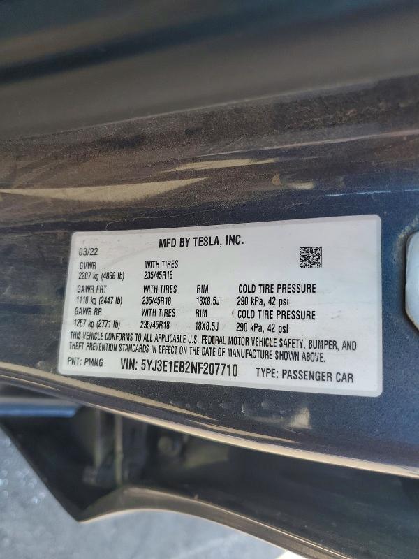 Продажа на аукционе авто 2022 Tesla Model 3, vin: 5YJ3E1EB2NF207710, номер лота: 52823256