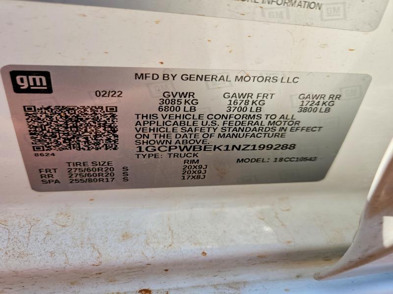 55193856 :رقم المزاد ، 1GCPWBEK1NZ199288 vin ، 2022 Chevrolet Silverado Ltd مزاد بيع