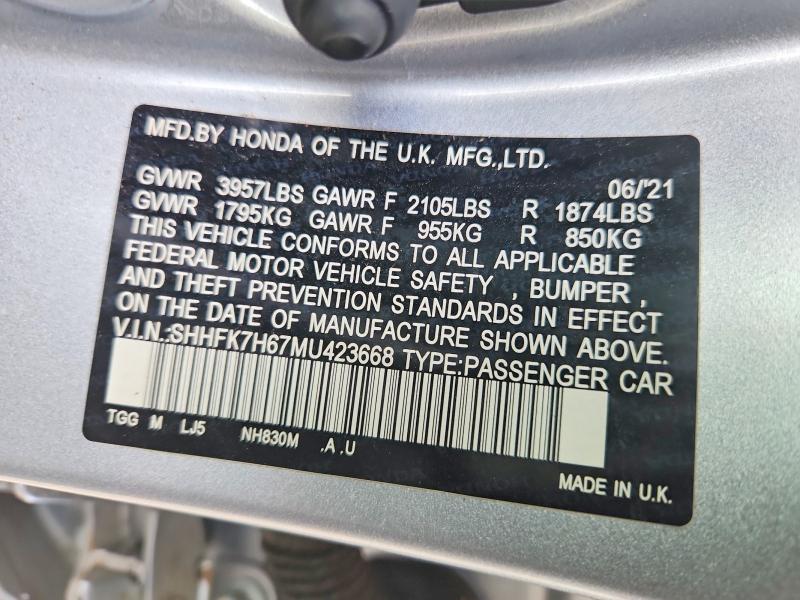53872316 :رقم المزاد ، SHHFK7H67MU423668 vin ، 2021 Honda Civic مزاد بيع