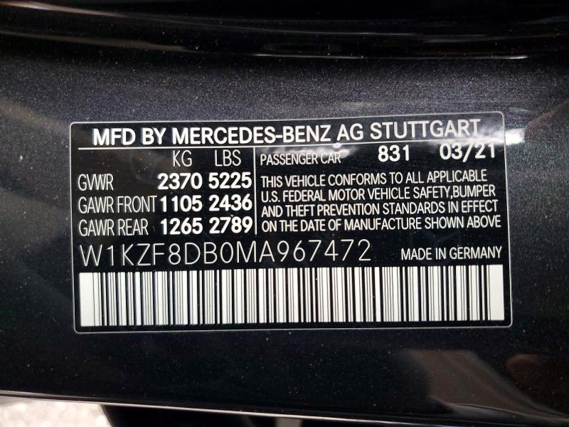 2021 Mercedes-benz E მანქანა იყიდება აუქციონზე, vin: W1KZF8DB0MA967472, აუქციონის ნომერი: 53134086