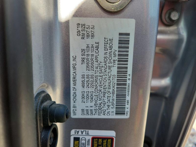 53470476 :رقم المزاد ، 5J6RW1H89KA021703 vin ، 2019 Honda Cr-v مزاد بيع