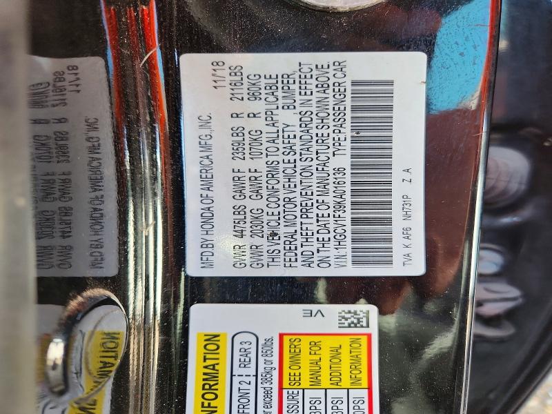 55410646 :رقم المزاد ، 1HGCV1F39KA016136 vin ، 2019 Honda Accord مزاد بيع