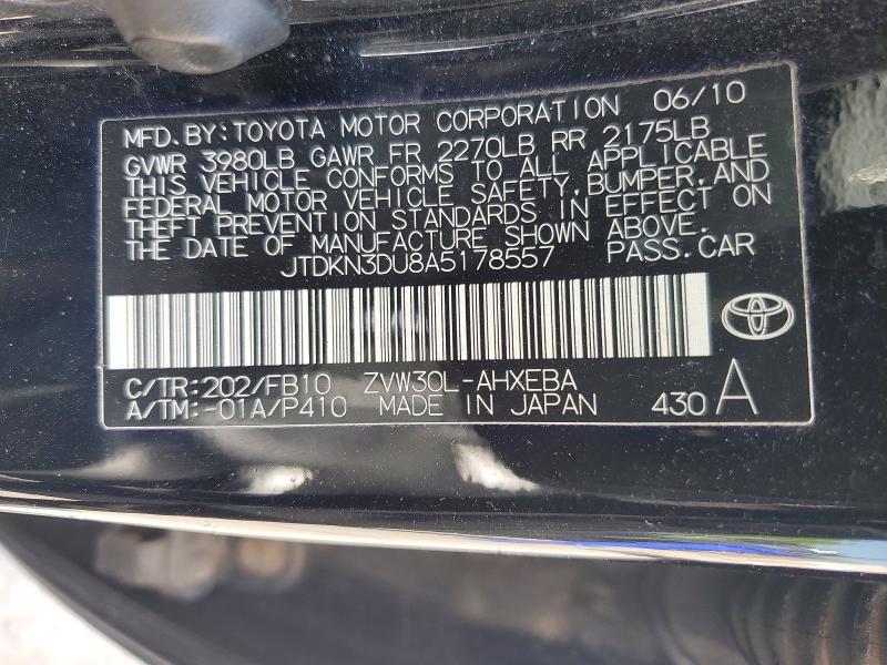 55207936 :رقم المزاد ، JTDKN3DU8A5178557 vin ، 2010 Toyota Prius مزاد بيع