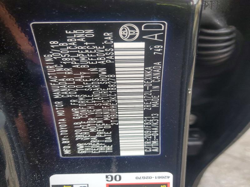 Продаж на аукціоні авто 2019 Toyota Corolla, vin: 2T1BURHE3KC188278, номер лоту: 54617096