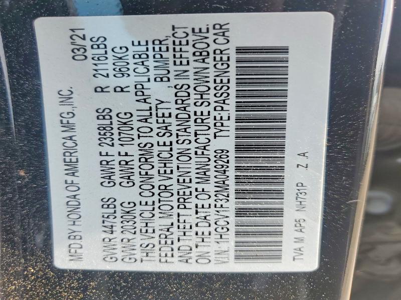 Продажа на аукционе авто 2021 Honda Accord, vin: 1HGCV1F32MA049269, номер лота: 52991846