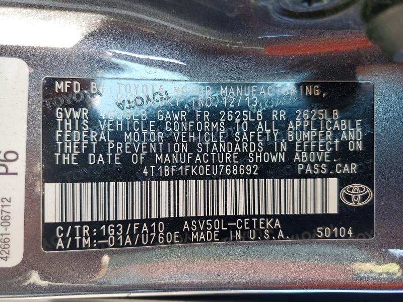 2014 Toyota Camry მანქანა იყიდება აუქციონზე, vin: 4T1BF1FK0EU768692, აუქციონის ნომერი: 54600006