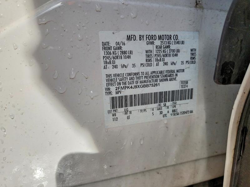 52529876 :رقم المزاد ، 2FMPK4J9XGBB75261 vin ، 2016 Ford Edge مزاد بيع