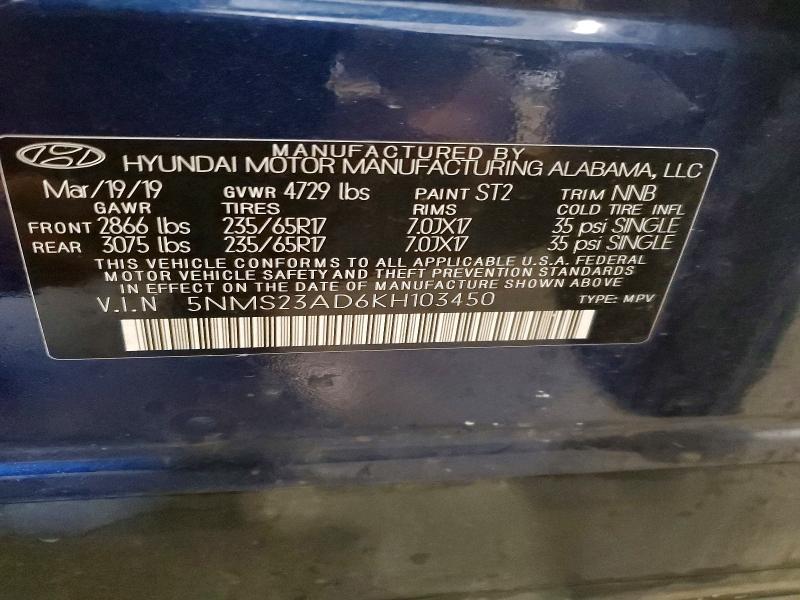 53932056 :رقم المزاد ، 5NMS23AD6KH103450 vin ، 2019 Hyundai Santa Fe مزاد بيع