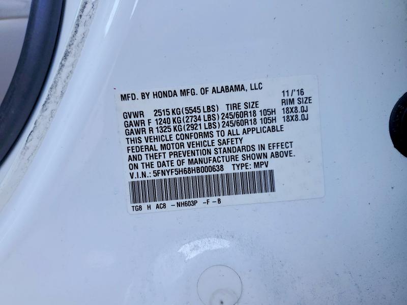 Aukcja sprzedaży 2017 Honda Pilot, vin: 5FNYF5H68HB000638, numer aukcji: 53565466