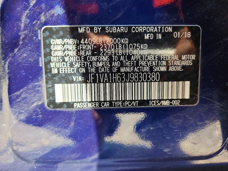 Продаж на аукціоні авто 2018 Subaru Wrx, vin: JF1VA1H63J9830380, номер лоту: 53647146