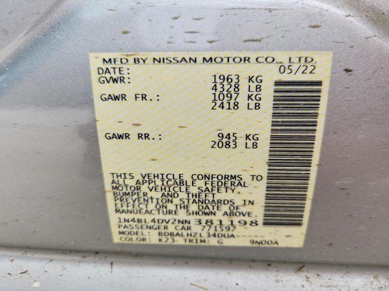 Продажа на аукционе авто 2022 Nissan Altima, vin: 1N4BL4DV2NN381198, номер лота: 54222256