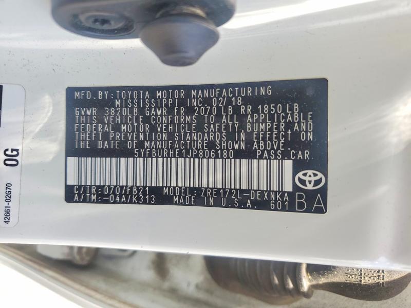 Продаж на аукціоні авто 2018 Toyota Corolla, vin: 5YFBURHE1JP806180, номер лоту: 54198156