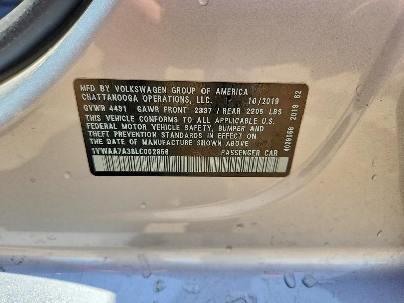 2020 Volkswagen Passat მანქანა იყიდება აუქციონზე, vin: 1VWAA7A38LC002856, აუქციონის ნომერი: 54405826