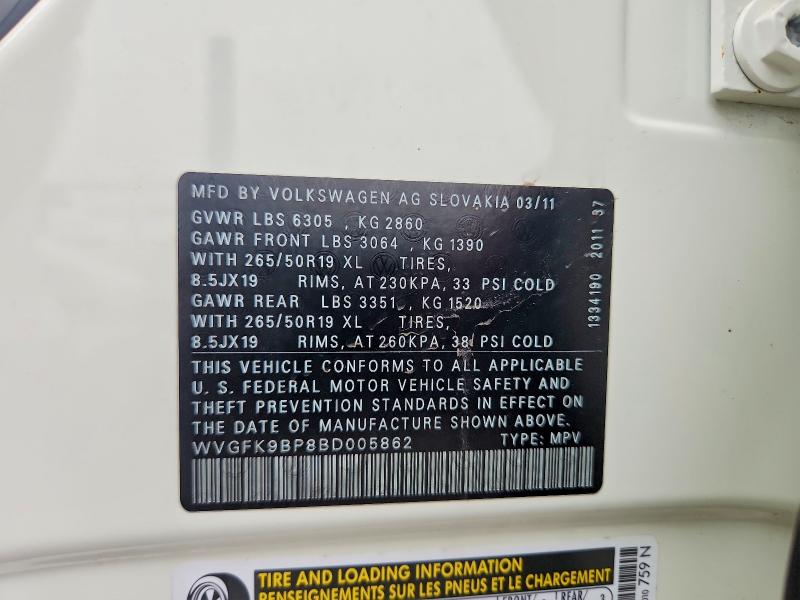 Продажа на аукционе авто 2011 Volkswagen Touareg, vin: WVGFK9BP8BD005862, номер лота: 54312056