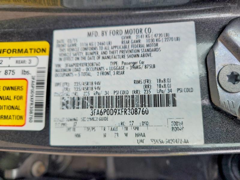Продаж на аукціоні авто 2015 Ford Fusion, vin: 3FA6P0D9XFR308760, номер лоту: 52589376