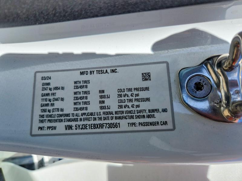 Aukcja sprzedaży 2024 Tesla Model 3, vin: 5YJ3E1EBXRF730561, numer aukcji: 53981876