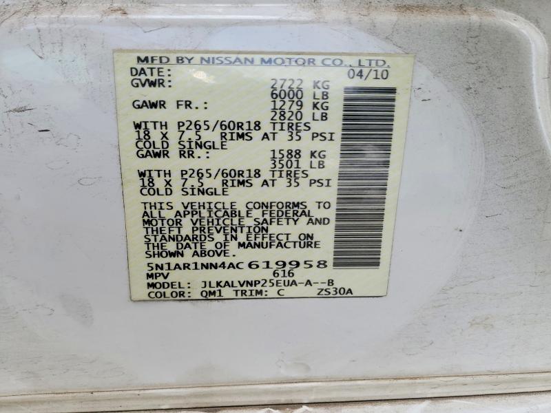 2010 Nissan Pathfinder მანქანა იყიდება აუქციონზე, vin: 5N1AR1NN4AC619958, აუქციონის ნომერი: 54895076