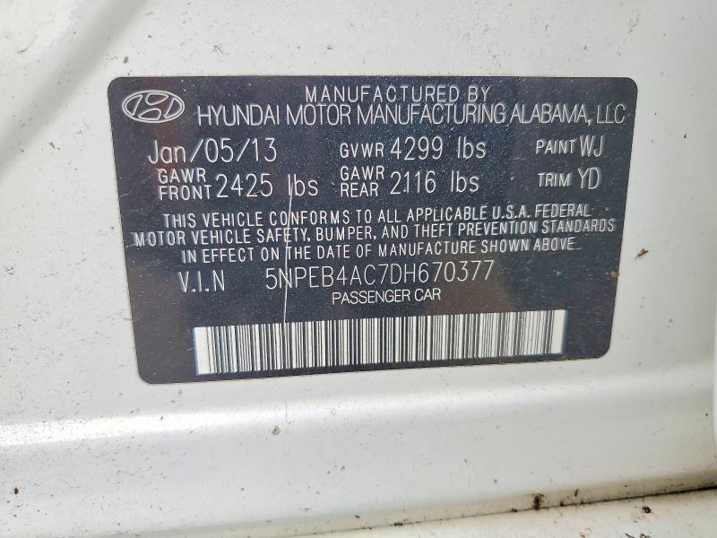 Aukcja sprzedaży 2013 Hyundai Sonata, vin: 5NPEB4AC7DH670377, numer aukcji: 53713636