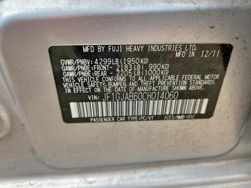 Aukcja sprzedaży 2012 Subaru Impreza, vin: JF1GJAB60CH014060, numer aukcji: 54493676