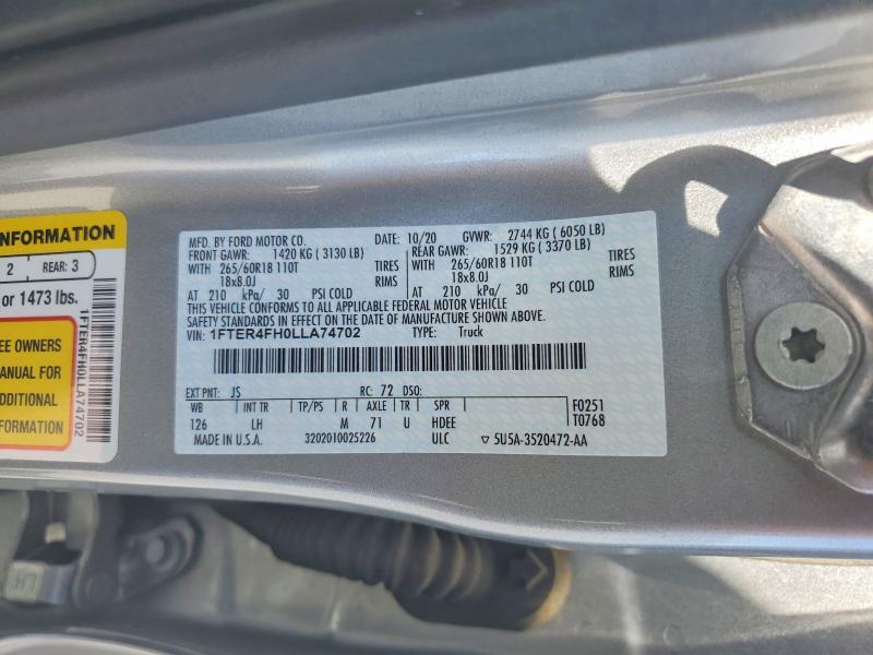 2020 Ford Ranger მანქანა იყიდება აუქციონზე, vin: 1FTER4FH0LLA74702, აუქციონის ნომერი: 53823306