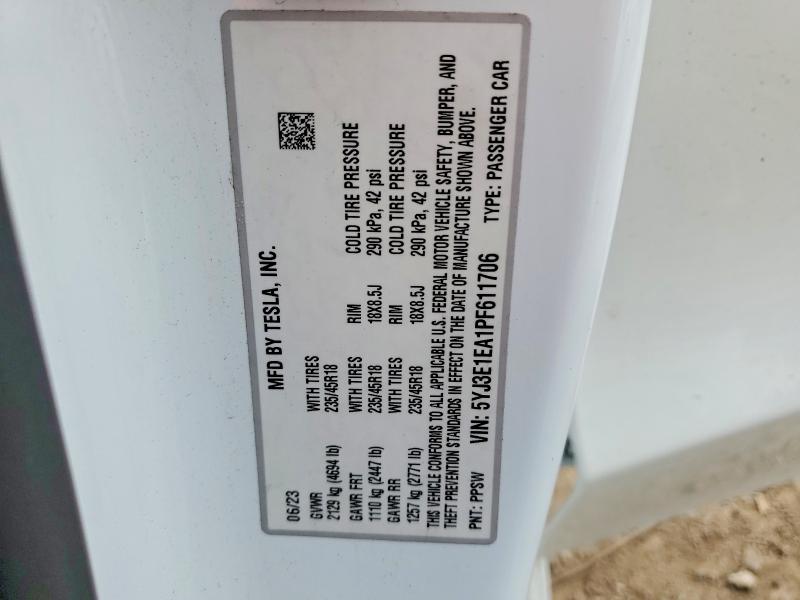 52915826 :رقم المزاد ، 5YJ3E1EA1PF611706 vin ، 2023 Tesla Model 3 مزاد بيع