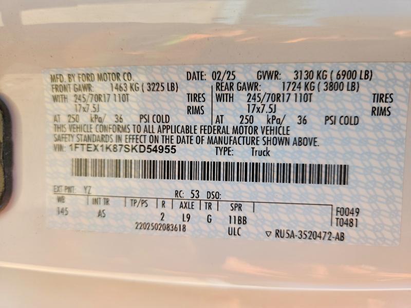55138536 :رقم المزاد ، 1FTEX1K87SKD54955 vin ، 2025 Ford F150 مزاد بيع