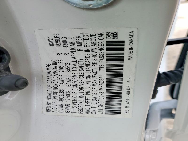 2021 Honda Civic მანქანა იყიდება აუქციონზე, vin: 2HGFC1F31MH703571, აუქციონის ნომერი: 52325566