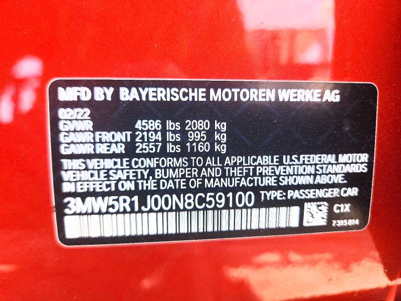 Продаж на аукціоні авто 2022 Bmw 330i, vin: 3MW5R1J00N8C59100, номер лоту: 52929206
