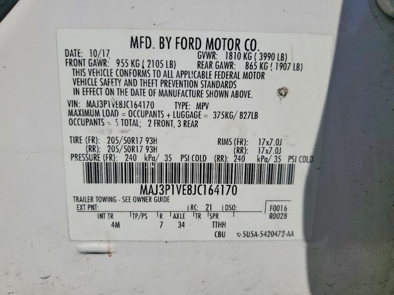 2018 Ford Ecosport მანქანა იყიდება აუქციონზე, vin: MAJ3P1VE8JC164170, აუქციონის ნომერი: 53053176
