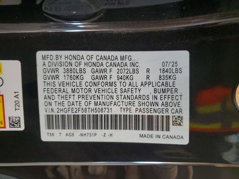 55063136 :رقم المزاد ، 2HGFE2F58TH508731 vin ، 2026 Honda Civic مزاد بيع