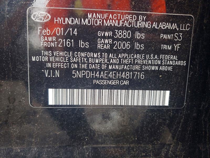 Aukcja sprzedaży 2014 Hyundai Elantra, vin: 5NPDH4AE4EH481716, numer aukcji: 54793186