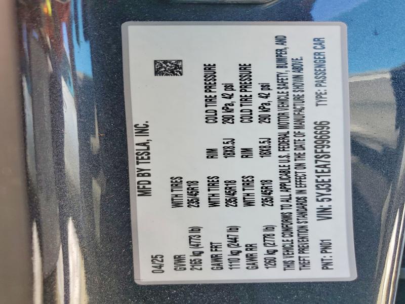 54642256 :رقم المزاد ، 5YJ3E1EA7SF996696 vin ، 2025 Tesla Model 3 مزاد بيع
