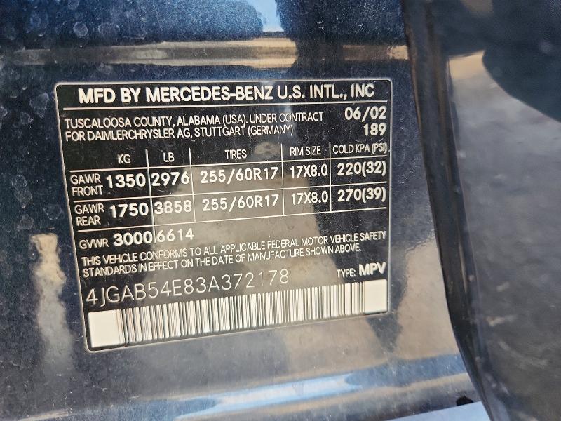 2003 Mercedes-benz Ml მანქანა იყიდება აუქციონზე, vin: 4JGAB54E83A372178, აუქციონის ნომერი: 53369336