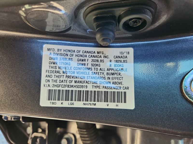 Auction sale of the 2019 Honda Civic, vin: 2HGFC2F83KH503919, lot number: 53225326