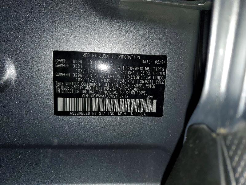 2024 Subaru Ascent მანქანა იყიდება აუქციონზე, vin: 4S4WMAAD3R3427413, აუქციონის ნომერი: 52911876