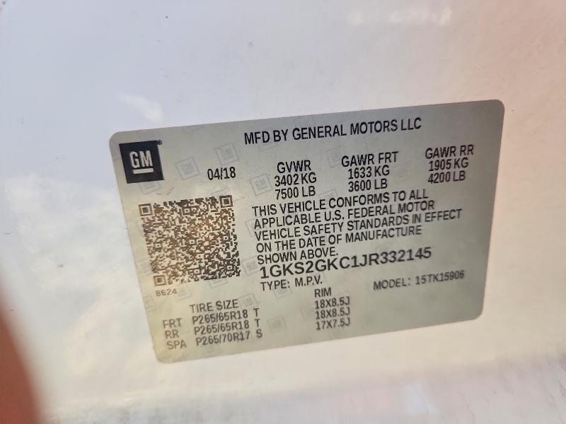 52599286 :رقم المزاد ، 1GKS2GKC1JR332145 vin ، 2018 Gmc Yukon Xl مزاد بيع