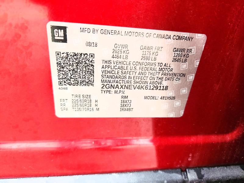 Aukcja sprzedaży 2019 Chevrolet Equinox, vin: 2GNAXNEV4K6129118, numer aukcji: 55007286