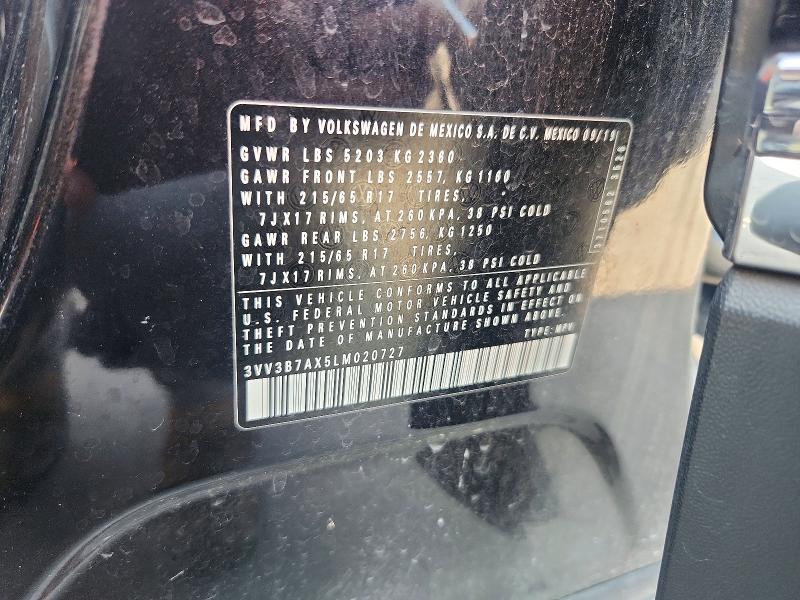 2020 Volkswagen Tiguan მანქანა იყიდება აუქციონზე, vin: 3VV3B7AX5LM020727, აუქციონის ნომერი: 54869626