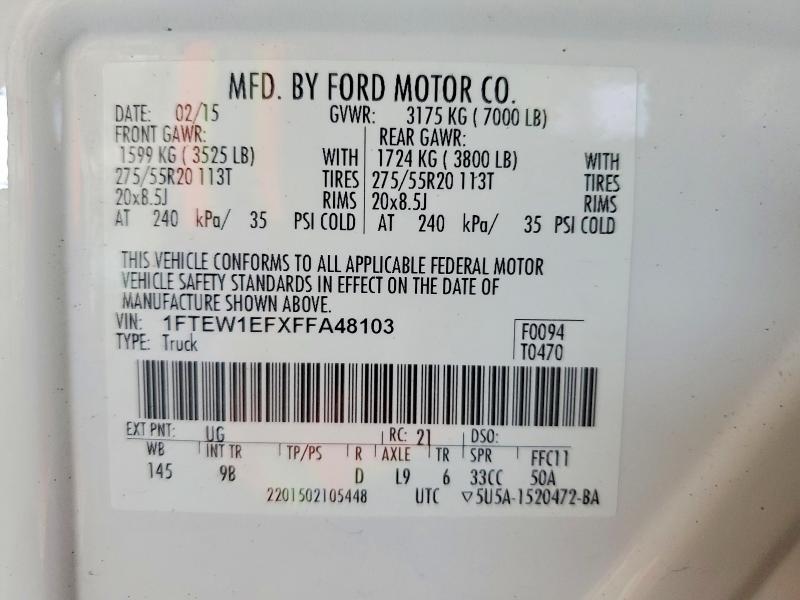 2015 Ford F150 მანქანა იყიდება აუქციონზე, vin: 1FTEW1EFXFFA48103, აუქციონის ნომერი: 53999986