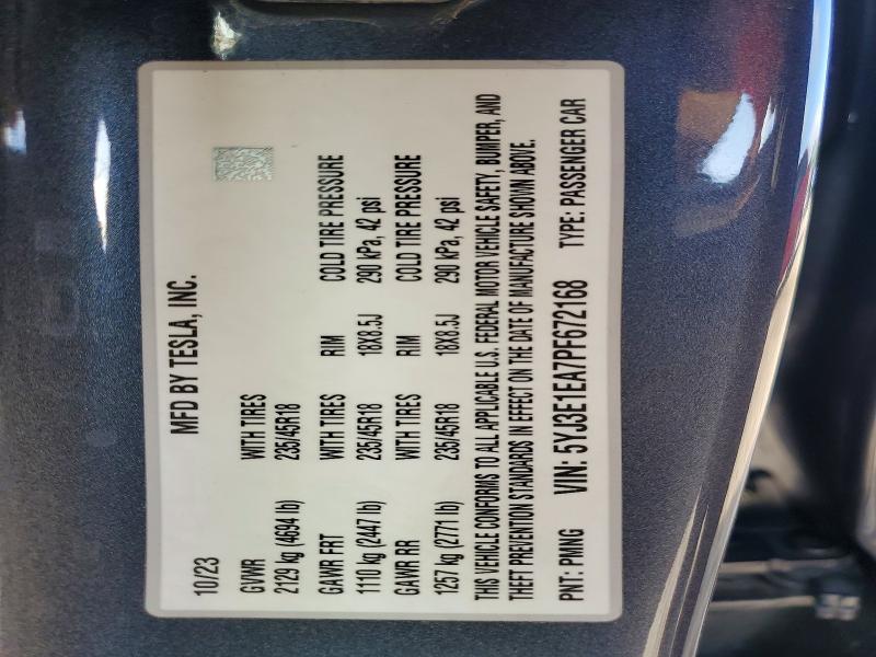 53074356 :رقم المزاد ، 5YJ3E1EA7PF672168 vin ، 2023 Tesla Model 3 مزاد بيع