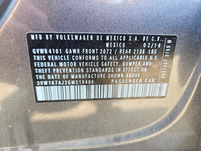 51842406 :رقم المزاد ، 3VW167AJ2GM319486 vin ، 2016 Volkswagen Jetta مزاد بيع