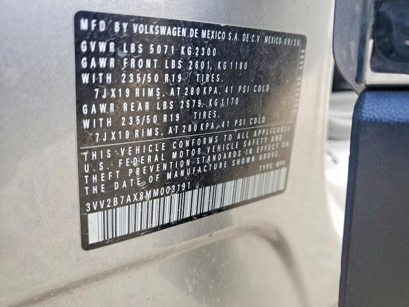 Aukcja sprzedaży 2021 Volkswagen Tiguan, vin: 3VV2B7AX8MM003191, numer aukcji: 52177796