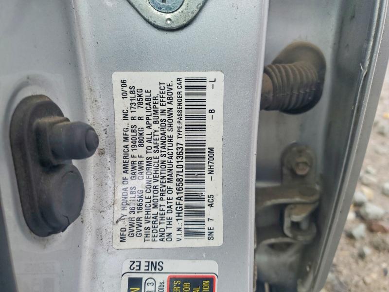2007 Honda Civic მანქანა იყიდება აუქციონზე, vin: 1HGFA16587L013637, აუქციონის ნომერი: 54770726